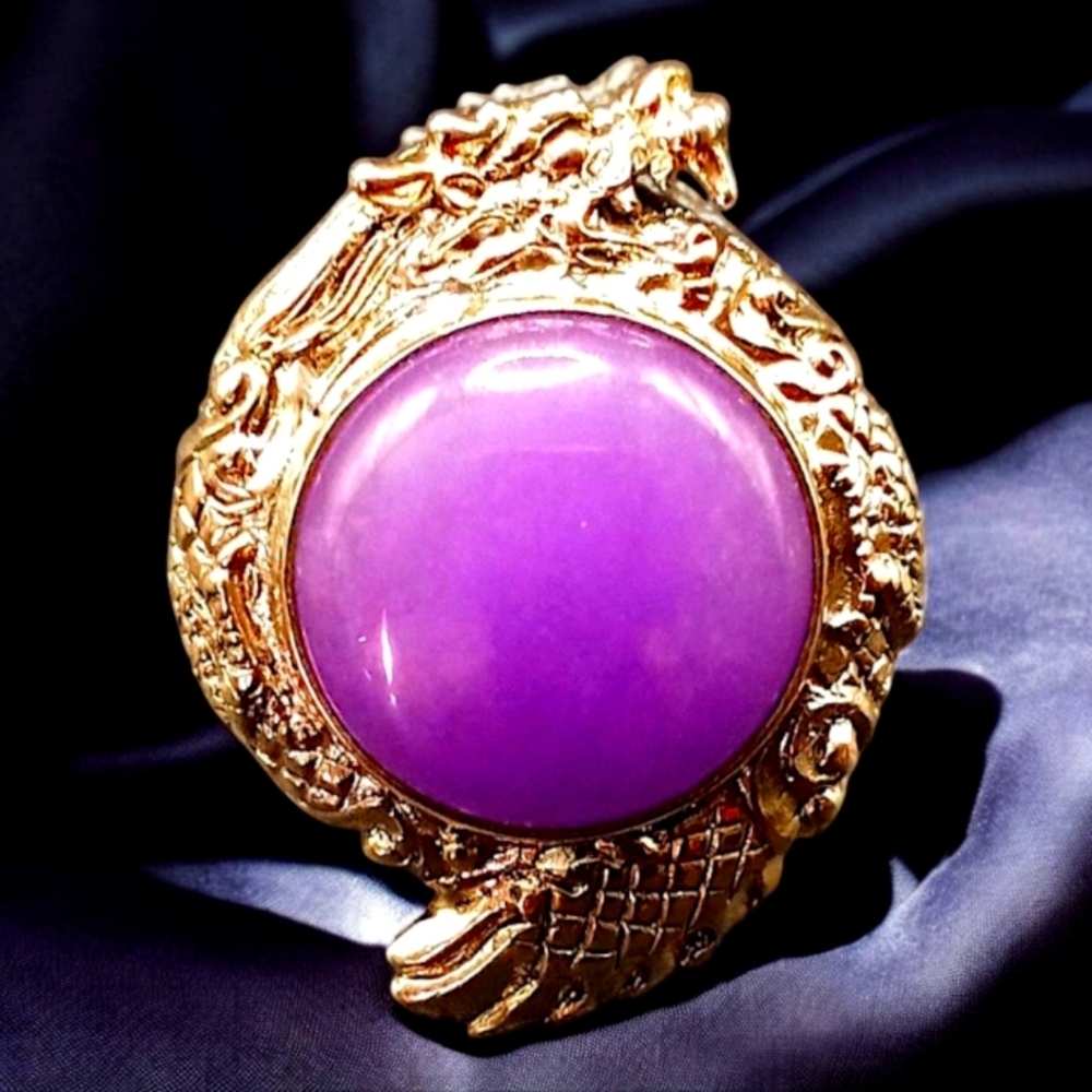 Sterling Silver Purple Jade Dragon Ring 16.75 ctw Hand Crafted Size 6